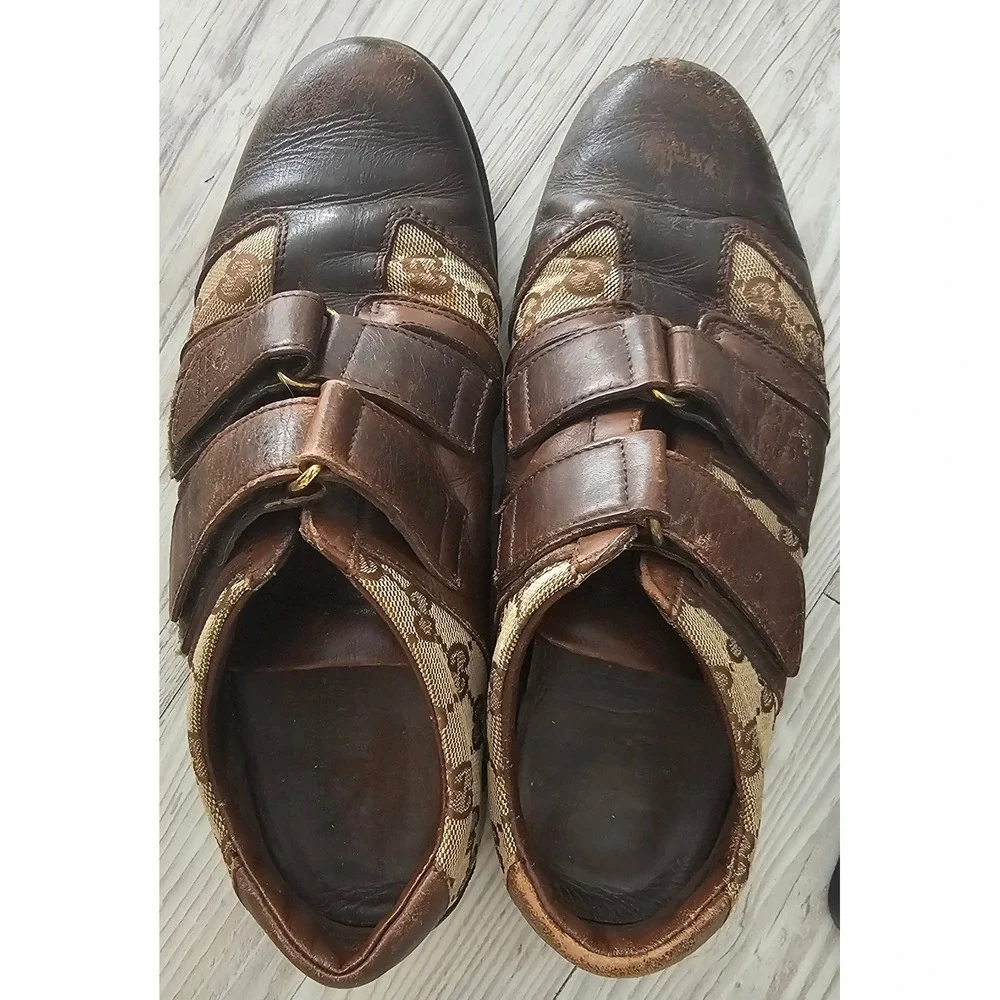 Gucci s GG Monogram Canvas Leather Double Strap Sneakers Brown Men 38.5 094130